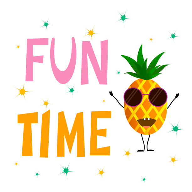 印有字母的卡片和欢快的菠萝。矢量插图引用在白色的背景。图片下载
