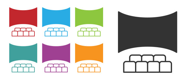 黑色电影院礼堂屏幕图标隔离在白色背景。设置图标丰富多彩。向量图片下载