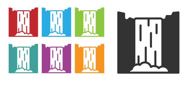 黑色瀑布图标孤立在白色背景。设置图标丰富多彩。向量图片下载