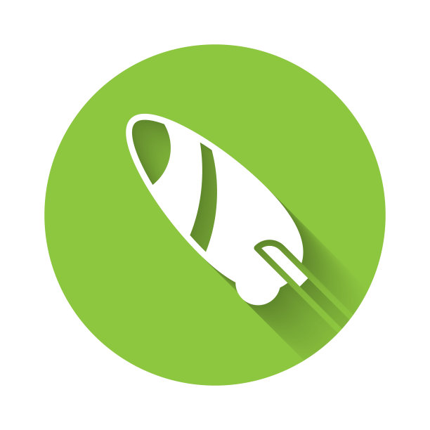 白色冲浪板图标与长阴影背景隔离。冲浪板。极限运动。运动设备。绿色圆圈按钮。向量图片下载