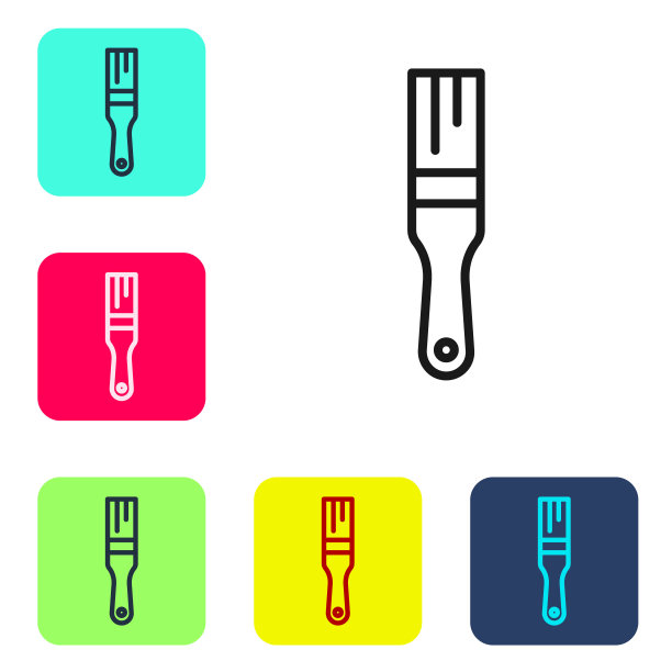 黑色线画笔图标隔离在白色背景上。在彩色方形按钮中设置图标。向量图片下载