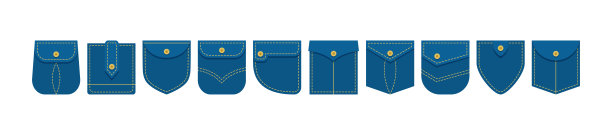 牛仔布补丁口袋向量蓝色图标不同形状的纽扣衬衫或牛仔裤裤子，t恤，接缝线，正面视图。服装图片下载