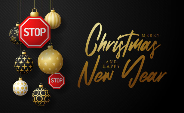 不要在圣诞卡上签名。圣诞快乐交通贺卡。挂在一个线程的道路停止标志作为圣诞球和黑色背景的金色小饰物。运动矢量插图。图片下载
