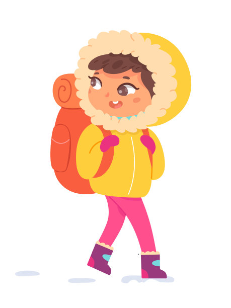 孩子徒步旅行，小孩子穿着暖和的衣服，带帽的夹克衫和冬天的靴子图片下载