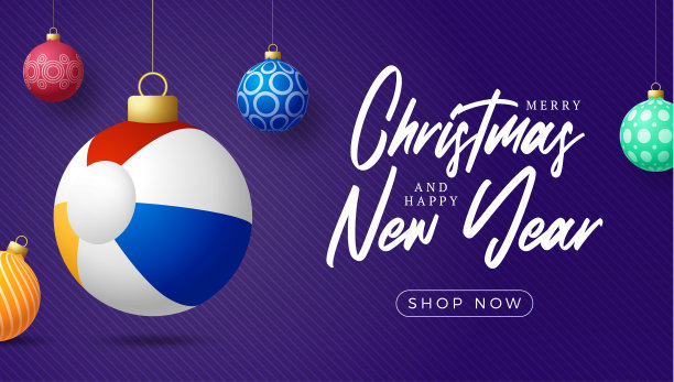 沙滩球圣诞卡。圣诞佳节快乐，放松阳光贺卡。挂在一个线程海滩球作为圣诞球和黑色背景上的金色小饰物。运动矢量插图。图片下载