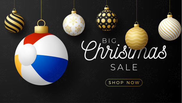 沙滩球圣诞卡。圣诞佳节快乐，放松阳光贺卡。挂在一个线程海滩球作为圣诞球和黑色背景上的金色小饰物。运动矢量插图。图片下载