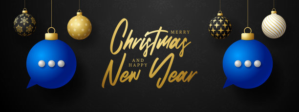 聊天的圣诞贺卡。圣诞快乐说说贺卡。挂在一个线程蓝色聊天泡沫作为圣诞球小饰物在黑色背景。交流矢量插图。图片下载
