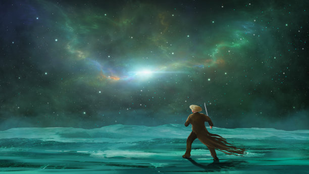 空间背景。身穿大衣，头戴西帽，手持利剑的牛仔站在山地上，背景是色彩斑斓的星云和星星图片下载