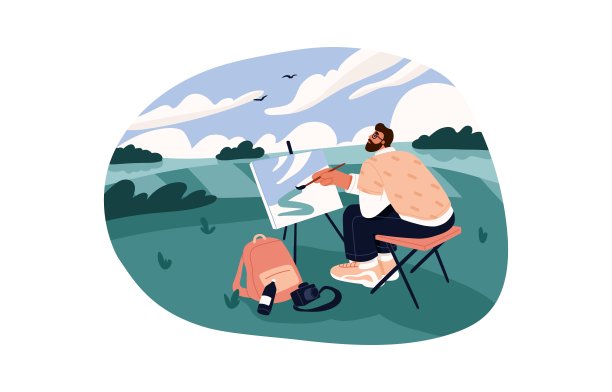 画家在大自然的画架上用帆布作画。画家在夏天画户外的田野和天空的风景画。人在空中。彩色平面矢量插图孤立的白色背景图片下载