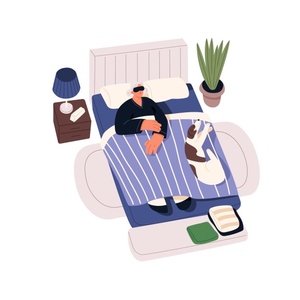 老年人睡在床上。老妇人睡在卧室里，狗躺在毯子上。年迈的女士和宠物狗在家里舒舒服服地做梦。平面矢量插图孤立在白色背景图片下载