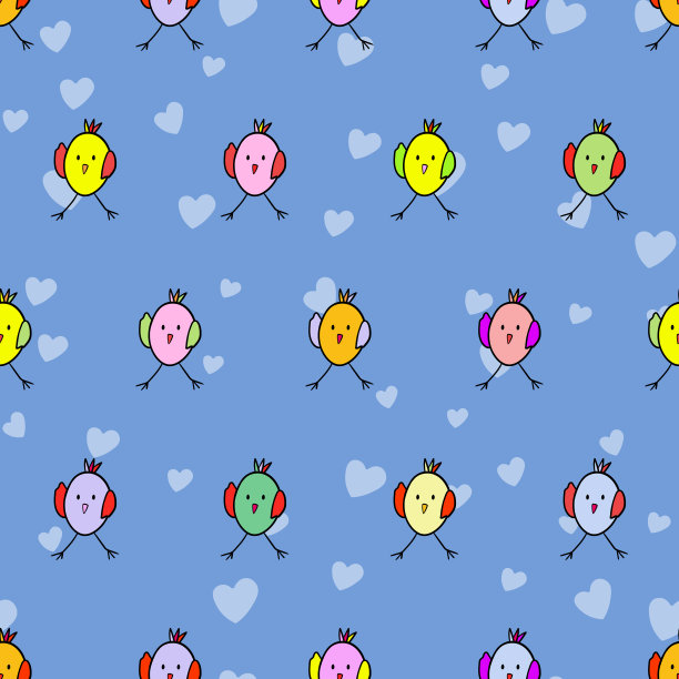 无缝的图案与有趣的五颜六色的鸟。彩色平面矢量插图与小卡通鸟。可爱的人物。模板设计邀请，海报，卡片，传单，纺织品，织物的孩子图片下载