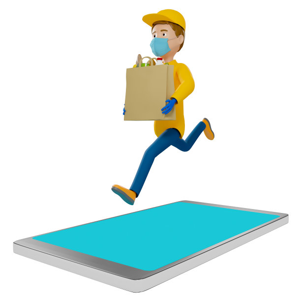 3 d渲染。一个穿制服的送货员手里拿着个箱子。图片下载