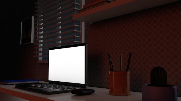 Office Desk with Laptop Side View的3D渲染图片下载