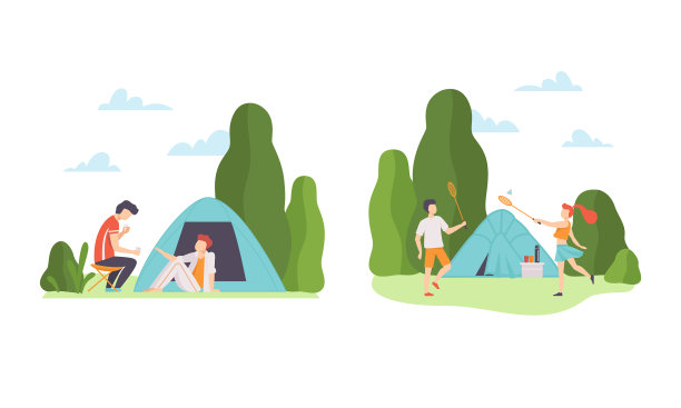 一男一女在草坪上搭帐篷打羽毛球图片下载