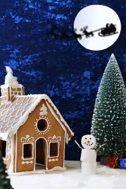 自制的图片，姜饼屋装饰着白色的皇家糖霜显示在雪天，夜晚针叶林场景与圣诞老人的剪影飞驯鹿和雪橇越过满月，棉花糖雪人，模型冷杉树，包装的礼物图片下载