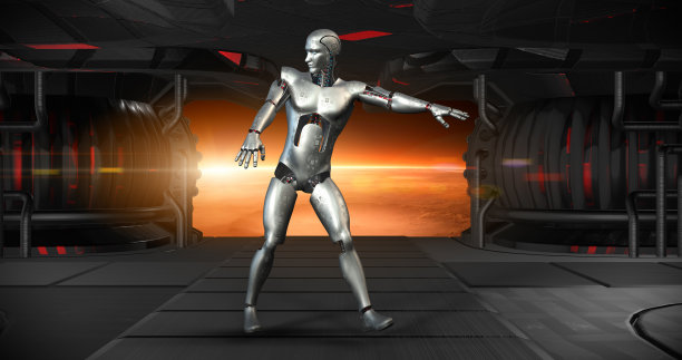 有趣快乐的电子人跳舞动作移动手臂。太空旅行。图片下载