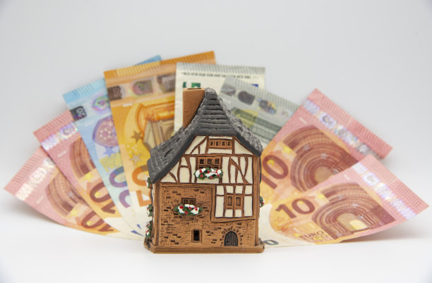 欧洲纸币上的陶瓷房子的概念照片。图片下载
