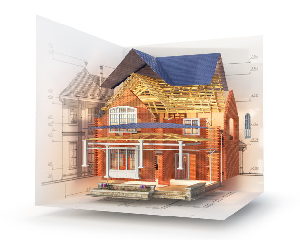 建筑的概念。在白色的背景上，房子被分成了几个部分。三维演示图片下载