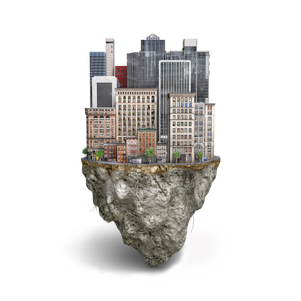 许多摩天大楼紧密地坐落在孤立的地面或岛屿上，在白色的背景，3d插图图片下载
