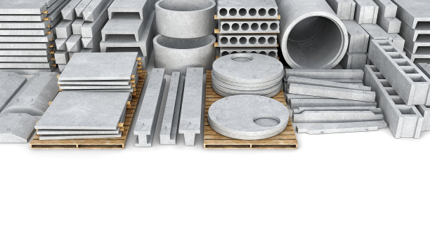 混凝土产品生产:堆叠不同的板和梁，管和隧道元素，在木托盘和没有它，3d插图图片下载