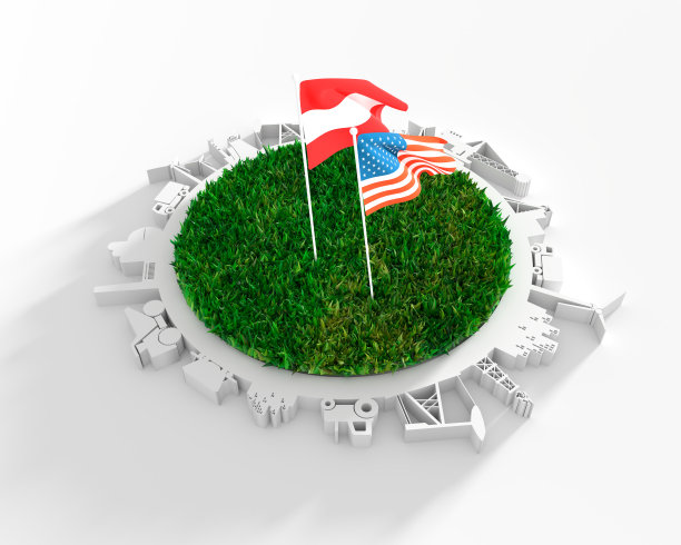 圆形与工业相关的轮廓和三维绿草。美国和奥地利的国旗图片下载