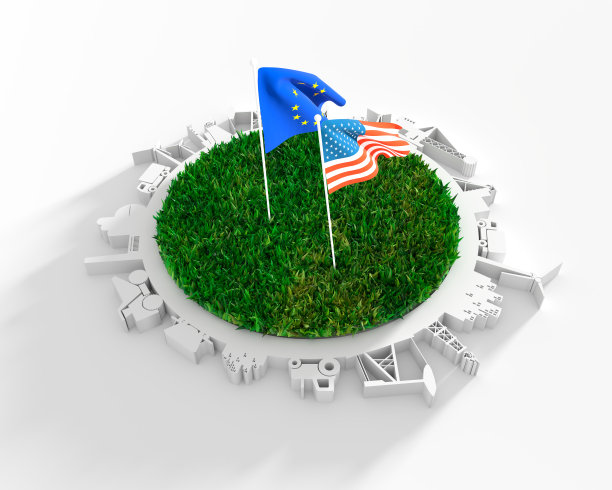 圆形与工业相关的轮廓和三维绿草。美国和欧盟的旗帜图片下载