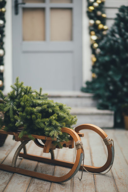 木屋门上装饰着节日彩灯和圣诞花环。雪橇和松树。假日住宅装修。图片下载