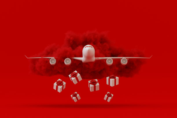 带云的飞机和礼品盒，圣诞节假日旅游概念，红色背景。图片下载