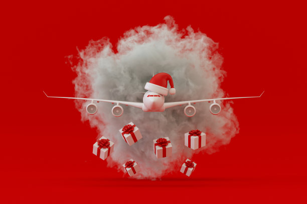 飞机与圣诞帽和礼品盒，圣诞节假日旅行概念，红色背景。图片下载