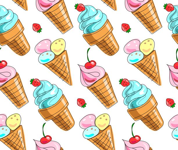 冰淇淋蛋卷。透明背景上的无缝图案。冰淇淋在华夫饼锥矢量图像图片下载
