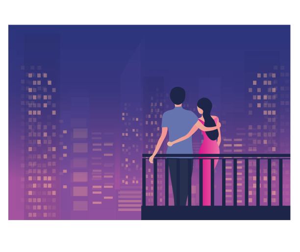情侣站在阳台上的城市景观夜间矢量插图。图片下载