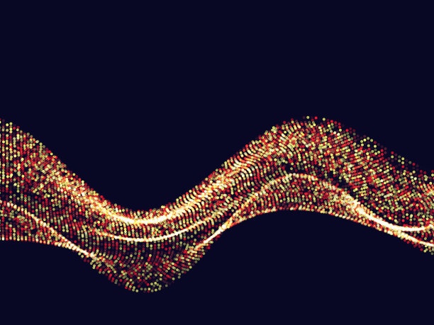 许多金光闪闪的微粒，在黑暗中流动的声波。圆润闪亮的圆点，光滑闪亮的波浪。向量图片下载