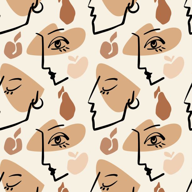 现代抽象手画线的女性与几何形状，苹果，梨无缝模式上的米色背景。图片下载