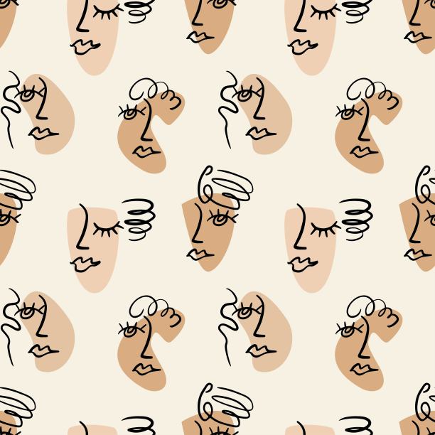 现代抽象手画线脸与几何形状无缝模式上的米色背景。图片下载