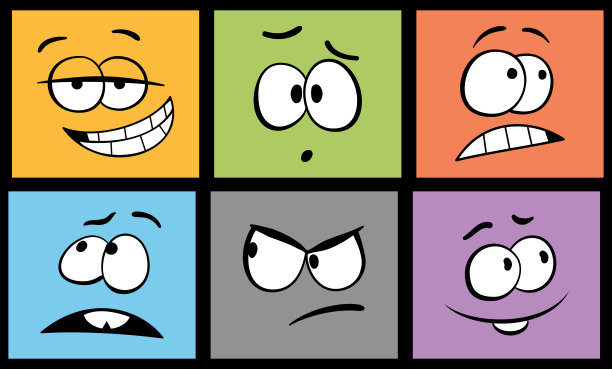 一套卡通表情。带有不同情绪的滑稽卡通面孔:喜悦、恐惧、惊讶和好奇。不同的漫画的情绪。孤立的图标集。图片下载
