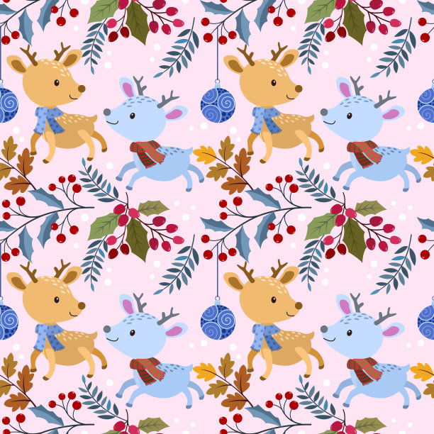 可爱的驯鹿在圣诞植物与球无缝模式。图片下载