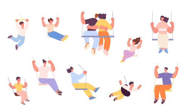 摇摆不定的时间。人们放松地荡秋千。孤立成人和儿童的乐趣放松。快乐的休息，浪漫的约会和游戏完全向量集合图片下载