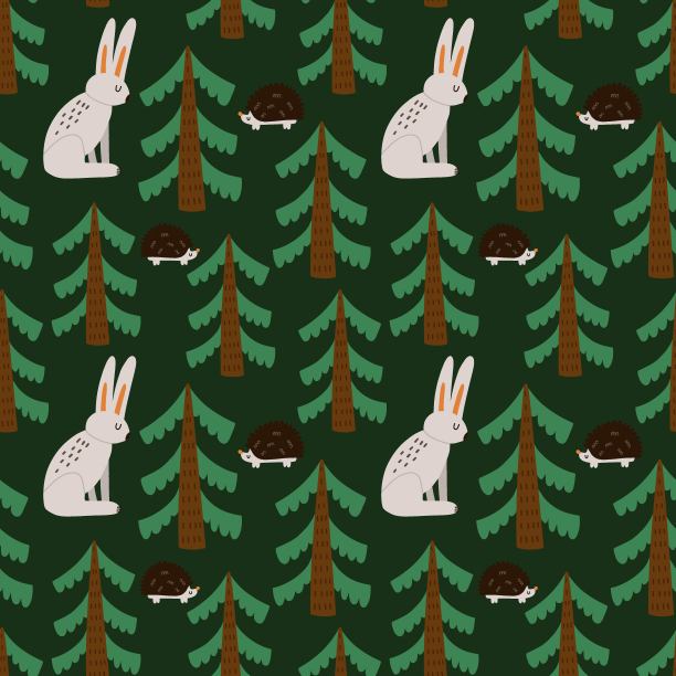 森林动物无缝模式。手绘卡通斯堪的纳维亚刺猬和兔子可爱的斯堪的纳维亚插图，儿童服装和托儿所设计。装饰纺织品，包装纸壁纸，矢量打印图片下载