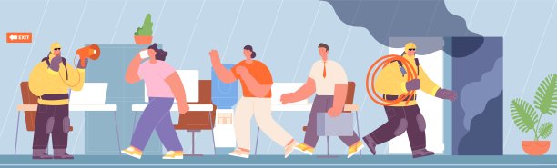 消防疏散。消防队员疏散办公室人员，疏散大楼内的火焰和烟雾。紧急训练，有人跑向出口生命安全完全矢量插图图片下载