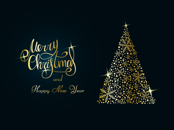 在深蓝色背景上手写的金字。魔法金色的雪花圣诞树。2022年圣诞快乐，新年快乐。图片下载