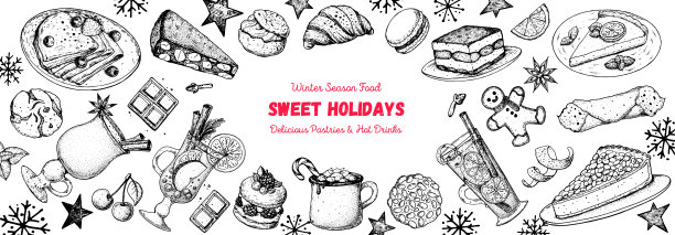 冬季的食物。甜蜜的假期。美味的糕点和热饮。圣诞菜单模板矢量插图。手绘草图。圣诞食品饮料设计模板。热酒和甜点图片下载