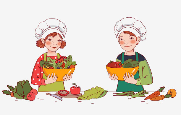 可爱的男孩和女孩在厨房里做沙拉图片下载