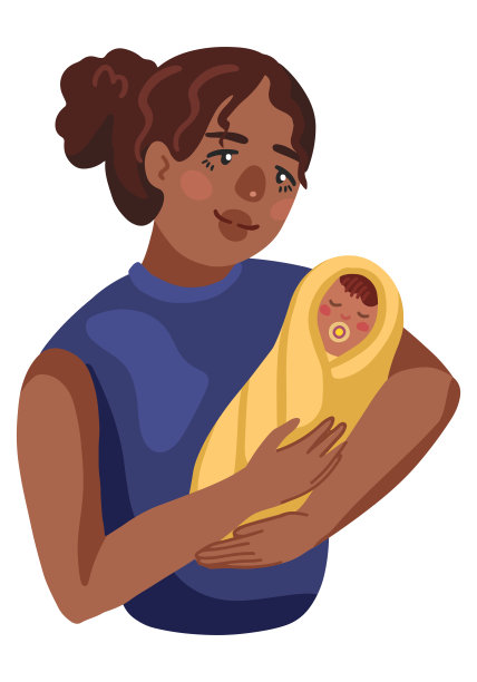 非裔美国母亲和孩子。一个手里抱着婴儿的女人。母亲节,为人父母。手绘矢量插图。卡通剪贴画孤立在白色。平面元素用于设计，卡片，贴纸。图片下载