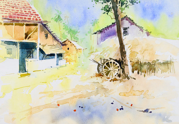 明亮的印度乡村水彩画图片下载