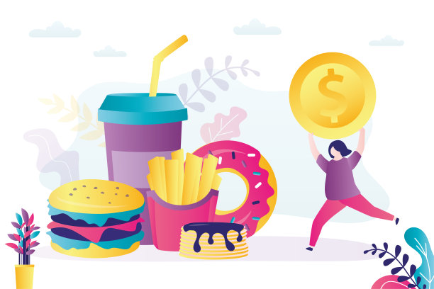 胖女人跑去买不同的垃圾食品。超重女孩用金币买各种不健康的食物图片下载