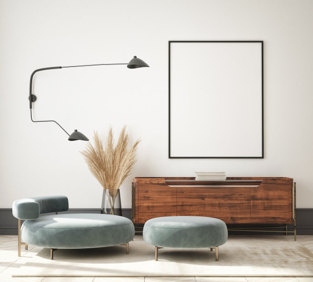 模拟海报框架在现代室内背景，客厅，斯堪的纳维亚风格，3D渲染，3D插图图片下载