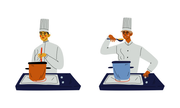 年轻人在厨房烹饪，搅拌汤在锅向量集图片下载