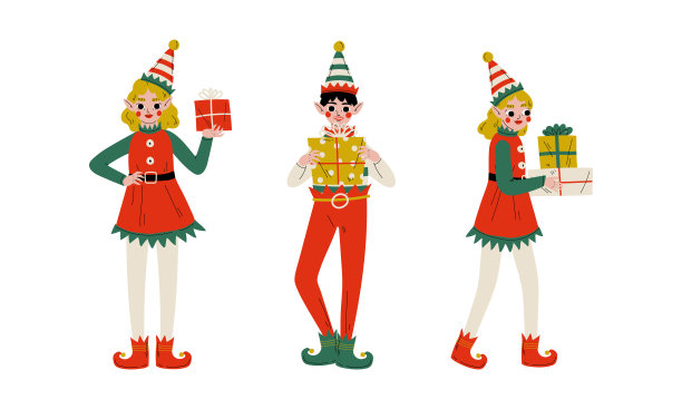 带尖耳朵和帽子的圣诞精灵作为圣诞老人助手手持礼盒向量集图片下载
