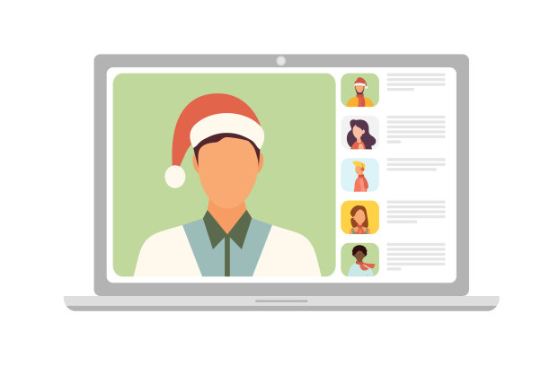 圣诞虚拟会议。在家和朋友视频通话。矢量插图。图片下载