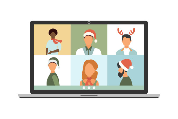 圣诞虚拟会议。在家和朋友视频通话。矢量插图。图片下载